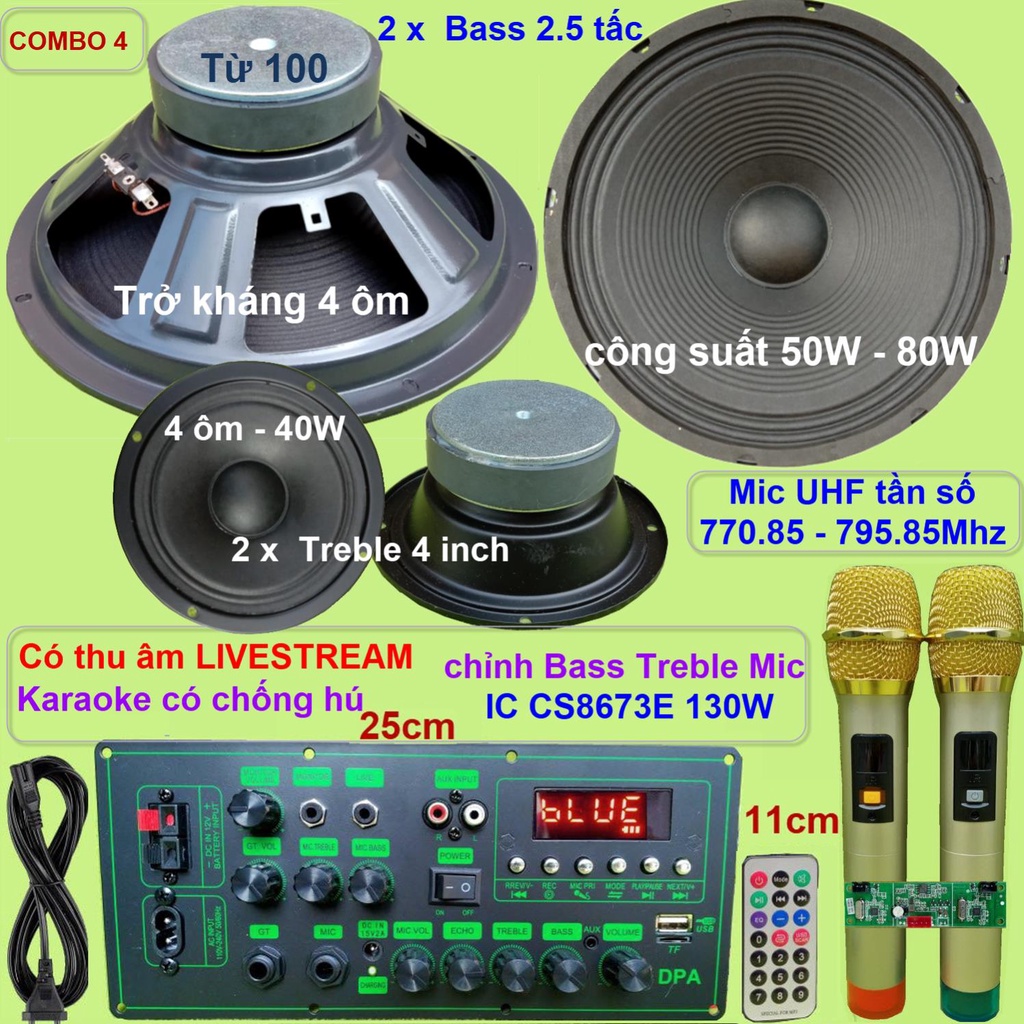 Combo loa kéo 2.5 tấc đôi CS8673E 130W Thu âm Livestream Karaoke có chống hú chỉnh Bass Treble Micro  nguồn xung 220V