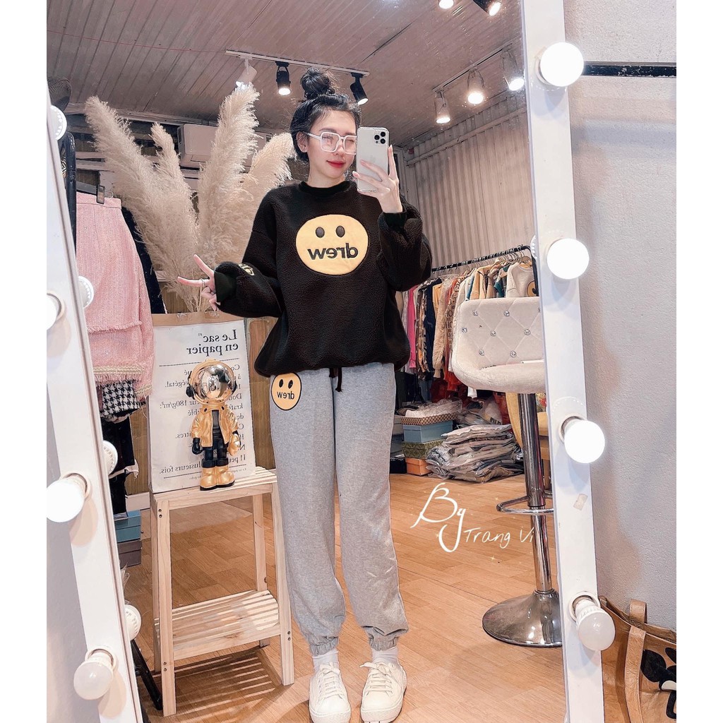 Set áo lông Drew mix quần bom  vải lông cừu dày dặn, hình thêu cute