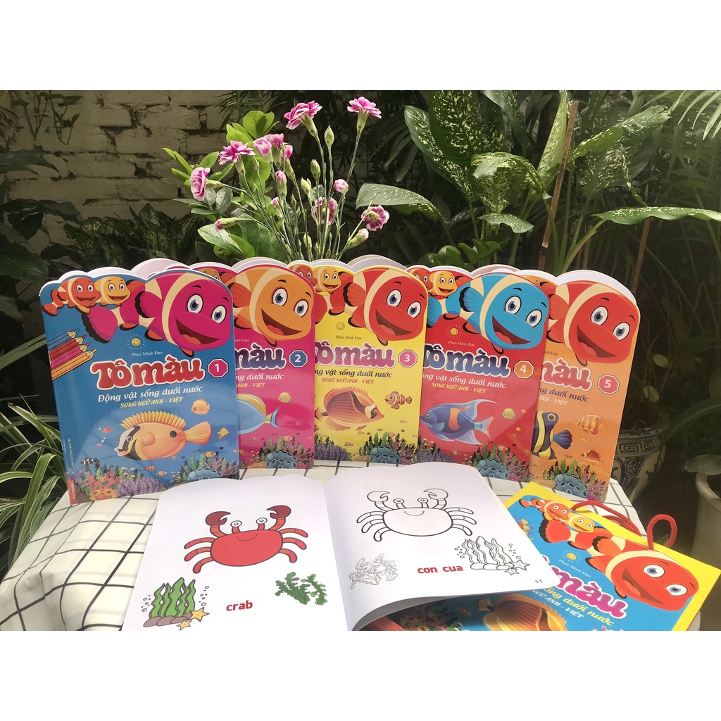 Sách - Túi tô màu động vật dưới nước 6 cuốn (song ngữ Anh - Việt)