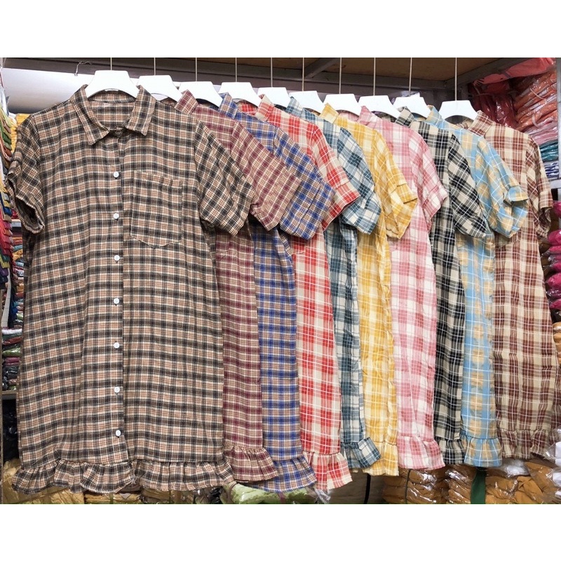 Đầm sơ mi caro tay con phối bèo dáng suông_hình thật.