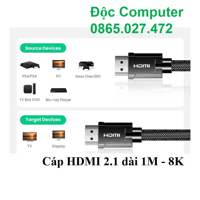 Cáp HDMI 2.1 dài 1M hỗ trợ độ phân giải 8K @60Hz Ugreen 80401- Hàng chính hãng bảo hành 12 tháng