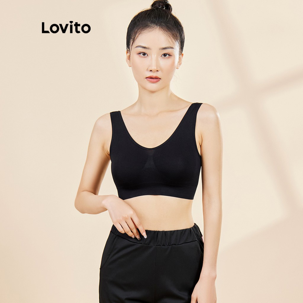 Áo ngực thể thao Lovito mặt trước dây chun không đường may màu trơn L15X171 (Màu đen)