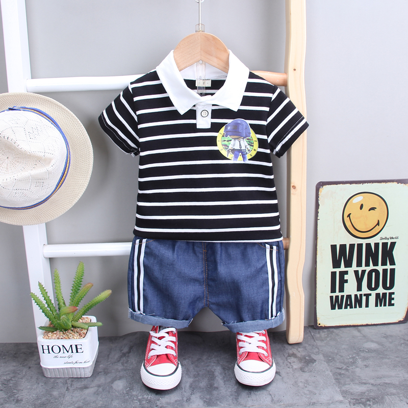Set áo thun tay ngắn cổ bẻ kẻ sọc phối quần Short Denim thời trang hè cá tính cho bé trai