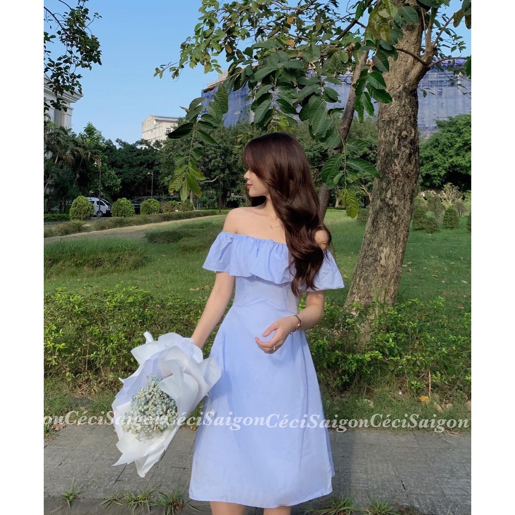 Đầm xanh bẹt vai bèo bo thun eo 💖 KÈM ẢNH THẬT