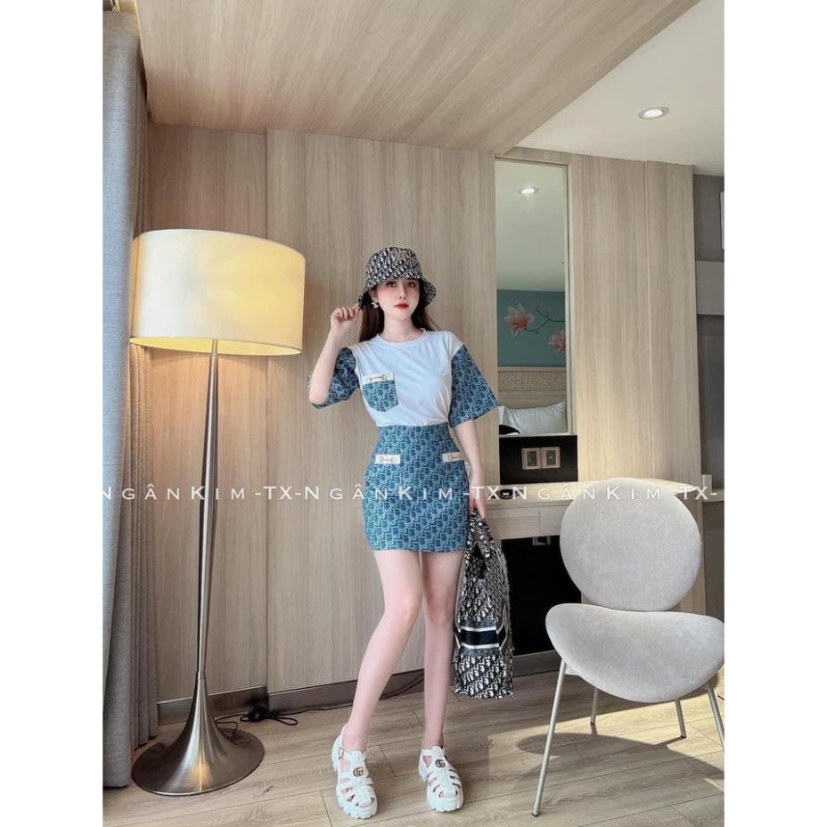 ✔ 𝗙𝗥𝗘𝗘 𝗦𝗛𝗜𝗣 SÉT ÁO CHÂN VÁY XANH HỌA TIẾT CHỮ