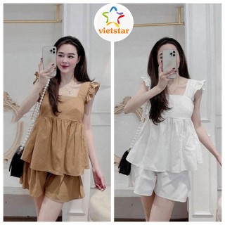 Set đũi cánh tiên babydoll VIETSTAR áo 2 dây bản to bèo cổ vuông và quần short chất đũi cạp chun mềm mát