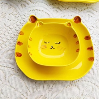 Bát đĩa ăn dặm gốm sứ hình mèo vàng cho bé, đĩa ăn dặm kiểu nhật sứ cao cấp