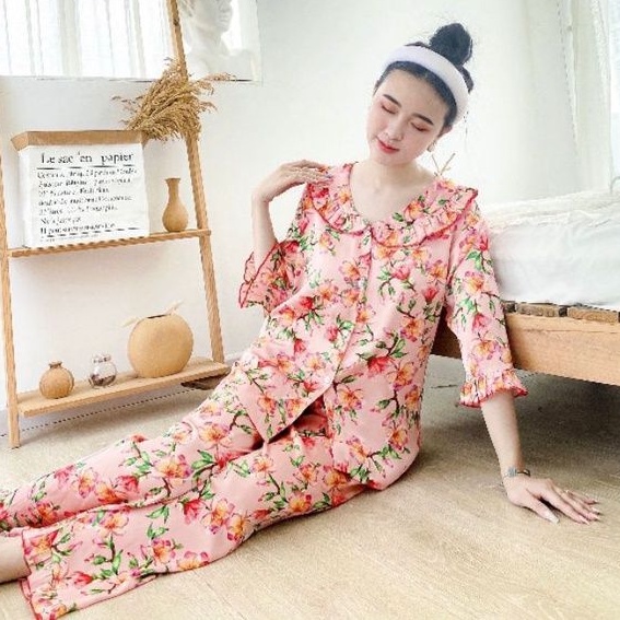 Bộ Pijama Tay Lỡ Phối Bèo Lụa Latin Cao Cấp Siêu Mềm Mượt Hàng Có Size