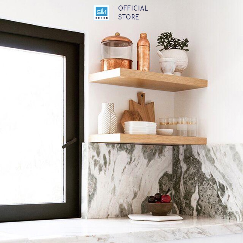 2 Kệ Treo Tường Màu Vân Gỗ Sồi Thương Hiệu SIB Decor, Gỗ Dày 25mm Để Được Đồ Nặng Với Kết Cấu Không Giá Đỡ Thẩm Mỹ
