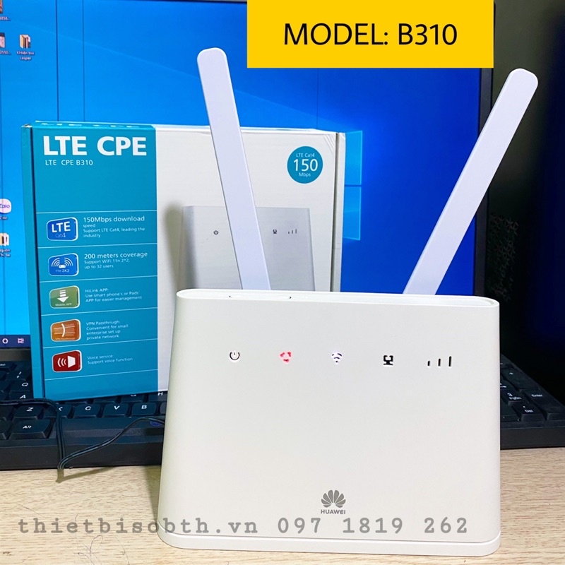 Bộ phát wifi 4G/LTE Huawei B310 tốc độ cao, 32 user, có cổng LAN  kèm  2 ăngten, dùng cho xe khách, xe dịch..