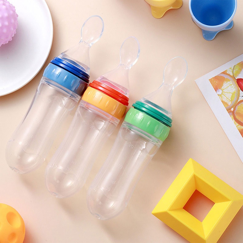 Bình Ăn Dặm 90ml Bằng Silicone Có Muỗng Chống Bụi Dành Cho Trẻ Sơ Sinh