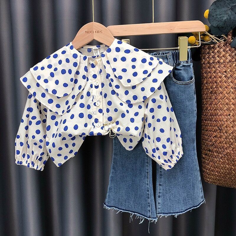 quần bò bé gái Set áo tay dài + quần jean ống rộng thời trang mùa thu 2022 đáng yêu dành cho bé (có bán lẻ)
