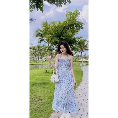 Maxi hoa nhún ngực buộc nơ cổ