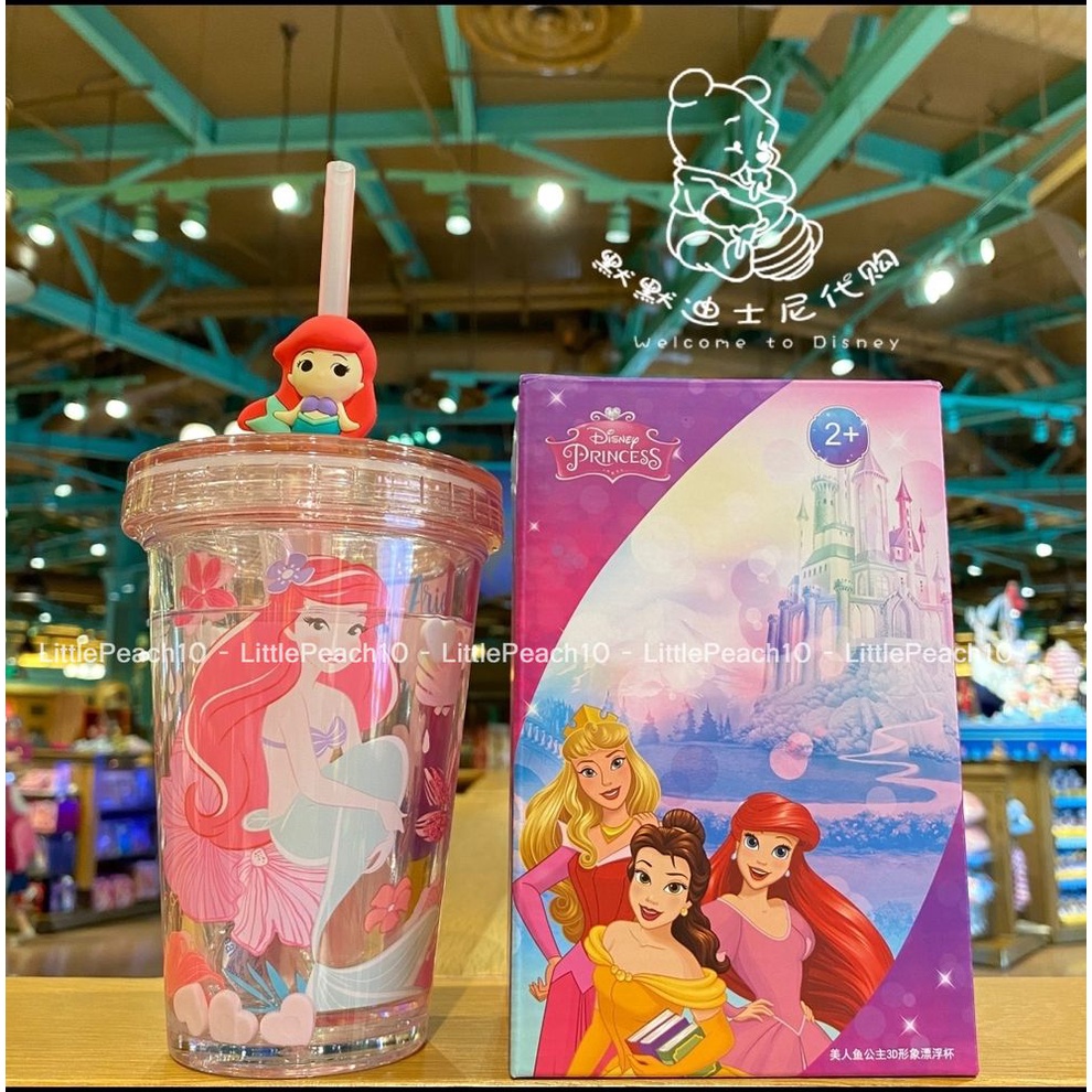 Ly nước Disney trong suốt 2 lớp kim tuyến rơi có ống hút hình Elsa Olaf Mickey Ariel Car 3D cho bé