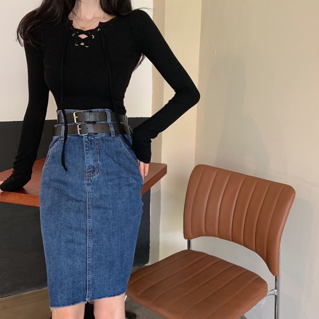 Áo Thun Tay Dài Cổ Chữ V Thiết Kế Thắt Dây Eo Xinh Xắn