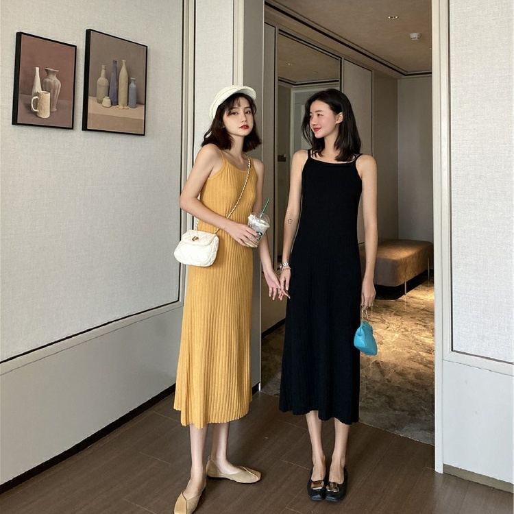 Đầm SUXI hai dây dệt kim màu trơn phong cách vintage thời trang mùa xuân dành cho nữ