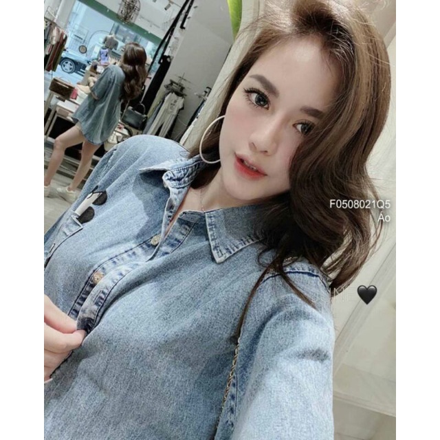 Áo sơ mi jean một túi in hình mickei tay ngắn hàng QC!K100% ảnh tự chụp, no fake