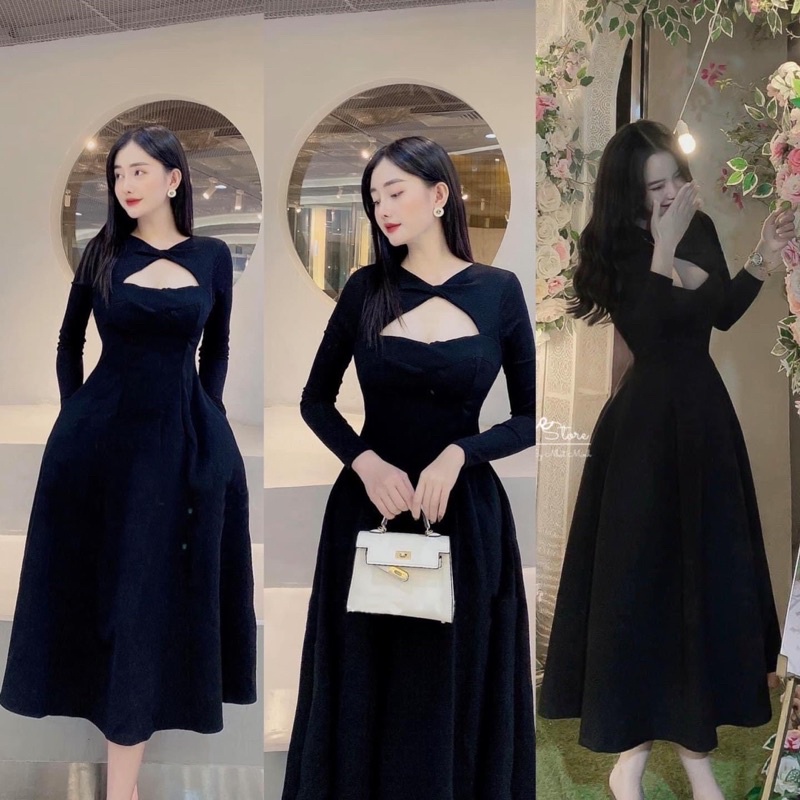 Váy thiết kế xoắn cúp ngực phối tay nhũ dáng xòe dài tiểu thư sang chảnh | BigBuy360 - bigbuy360.vn