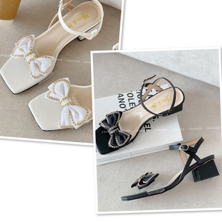 Sandal cao gót đính nơ xích 5cm gót vuông. ẢNH THẬT