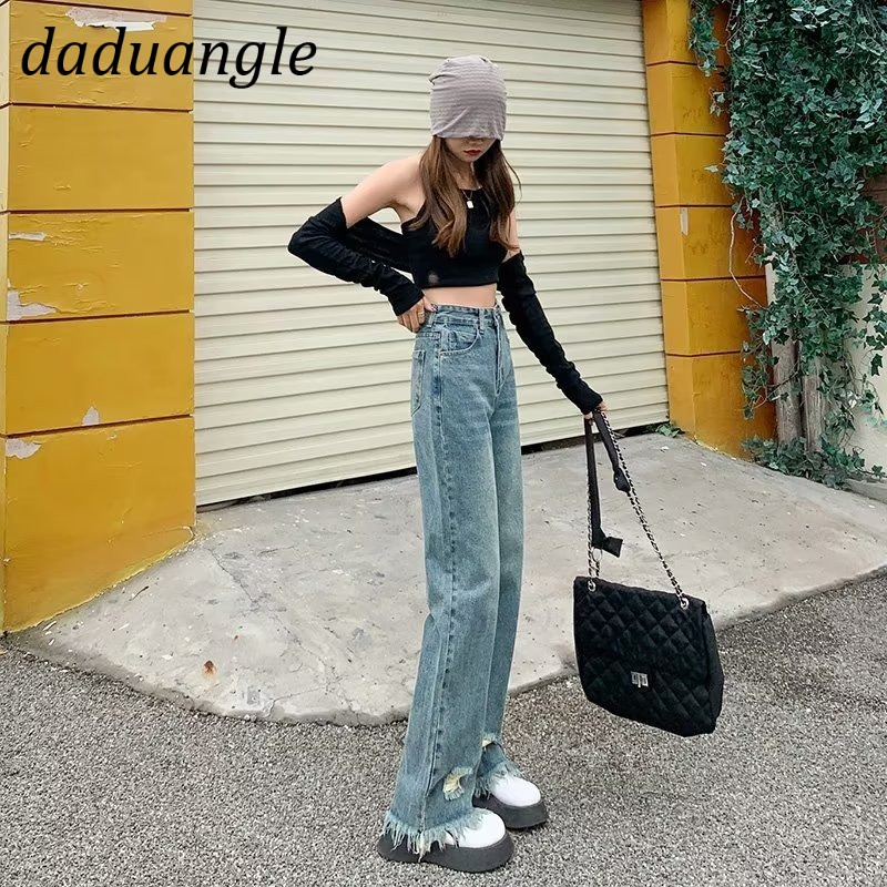 Daduhey Quần jean dài ống rộng lưng cao phối rách thời trang cá tính cho nữ