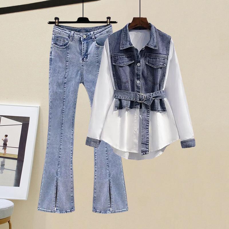 Áo Sơ Mi Dài Tay Giả Hai Lớp + Quần Jean Cỡ Lớn Thời Trang Mùa Thu Mới Cho Nữ