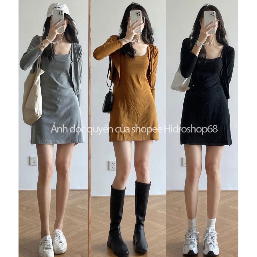 Set Váy Hai Dây Kèm Áo Khoác Cardigan Chất Cotton Bozip Co Giãn Tốt Dáng Chữ A