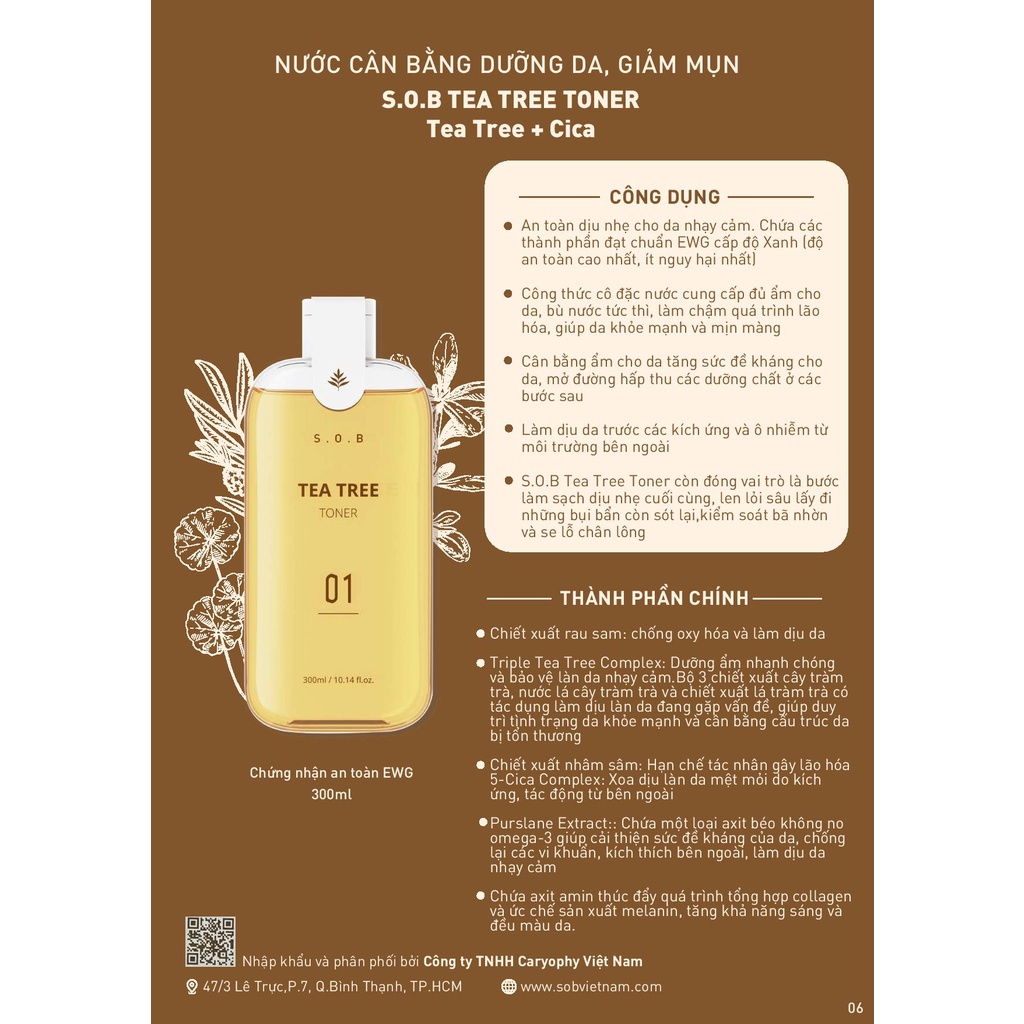 Nước Cân Bằng Ngừa Mụn S.O.B Tea Tree Toner 300ml cấp ẩm dịu da