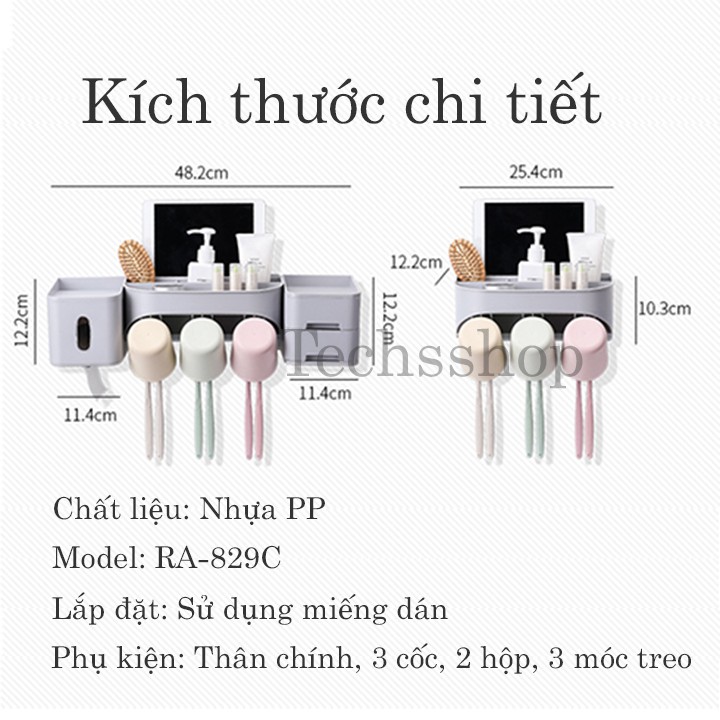 Kệ Để Bàn Chải Kem Đánh Răng Đa Năng 8in1 Renai Ra-829C Có Hộp Đựng Giấy Vệ Sinh - Loại 3 cốc, 4 cốc