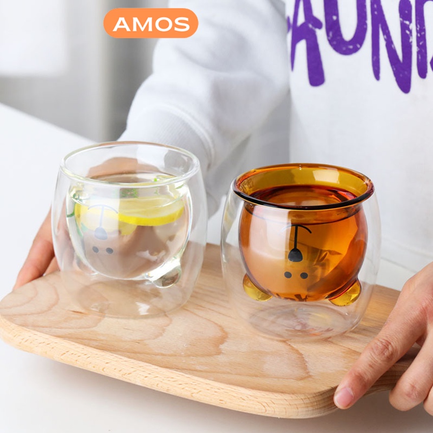 Ly thủy tinh AMOS cốc thủy tinh hình gấu cute, ly thủy tinh 2 lớp chống nóng 250ml