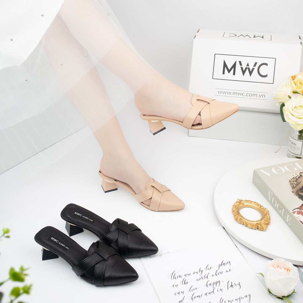 Giày Cao Gót Nữ MWC Mũi Nhọn Phối Nơ Màu Kem Đen NUCG-3969
