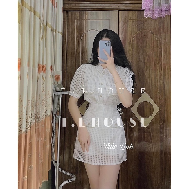 set áo sơ mi cúc ngọc phối chân váy chữ A