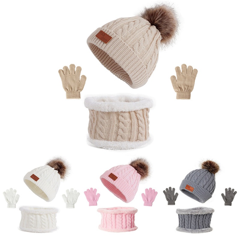 Set 3 Món Gồm Mũ Len + Găng Tay + Găng Tay + Khăn Choàng + Găng Tay Bằng Lông Màu Trơn