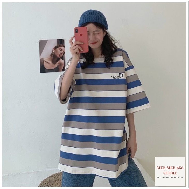 Áo Thun Tay Ngắn Cổ Tròn Dáng Rộng Unisex Kẻ Sọc Ngang Trẻ Trung Kiểu Dáng Hàn Quốc MeeMee04