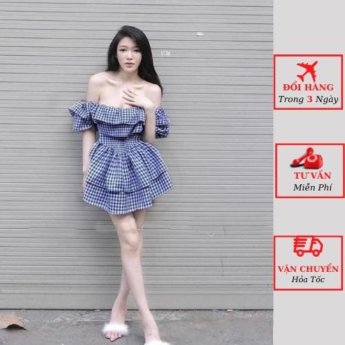 Váy trễ vai caro nữ bèo tầng tiểu thư bánh bèo ulzzang Hàn Quốc