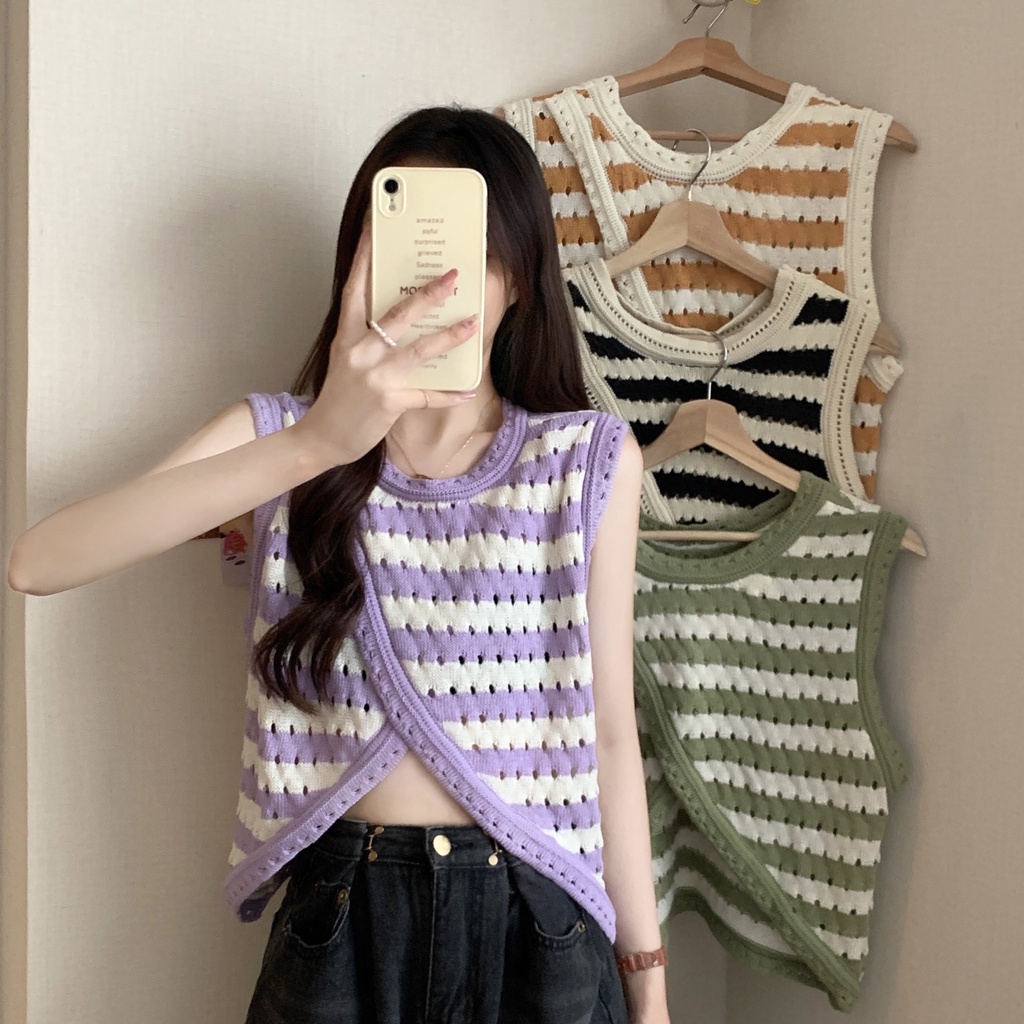 HUANG YOYO Áo sweater Dệt Kim Không Tay Dáng Rộng Xẻ Tà Trước Và Sau Cổ Điển Thiết Kế Xẻ Tà Trước Và Sau Thời Trang Mùa Hè Phong Cách Hàn Quốc Cho Nữ 2022