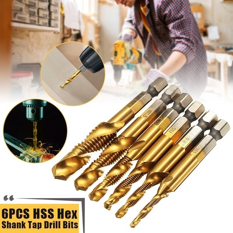 6 cái / Lô 1/4 '' mũi khoan ren lục giác HSS soated vòi somposite bộ đếm liên kết xoắn bộ khoan kim loại vít sap sool