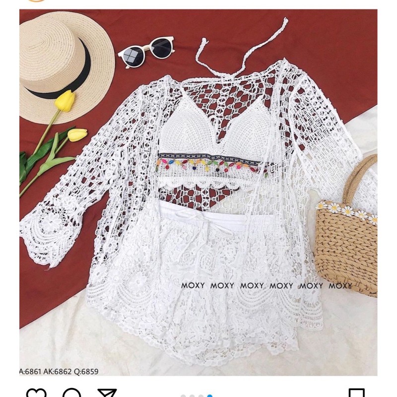 Set biển hot 2020 - set 3 món - bra mix ngọc + quần ren hoa hồng cạp rút + choàng ren hoa tay sóng điệu đà (có tách rời)