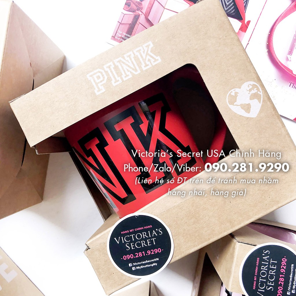 (Ceramic Mug 37) Ly sứ đỏ 500mL, in chữ Pink đen, Ly cafe 16,9oz- Hàng nhập Pink Victoria's Secret
