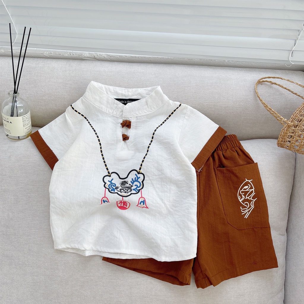 Bộ Cộc Tay Cho Bé Thêu Hình Vòng Cổ, Bộ Cộc Tay Chất Đũi Cho Bé Trai Bé Gái Từ 6 - 27kg - LILA KIDS