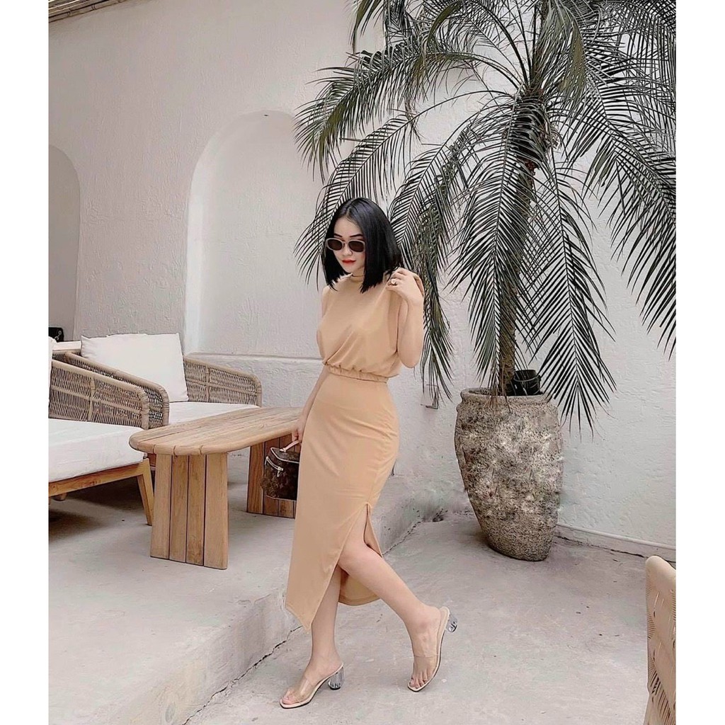 Set áo cánh dơi nhún eo kèm chân váy xẻ tà bên y hình chất thun co giãn - 4 màu