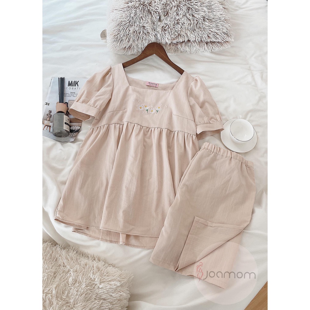 Set bộ bầu mặc nhà hoa thêu cao cấp thoáng mát thoải mái Joamom
