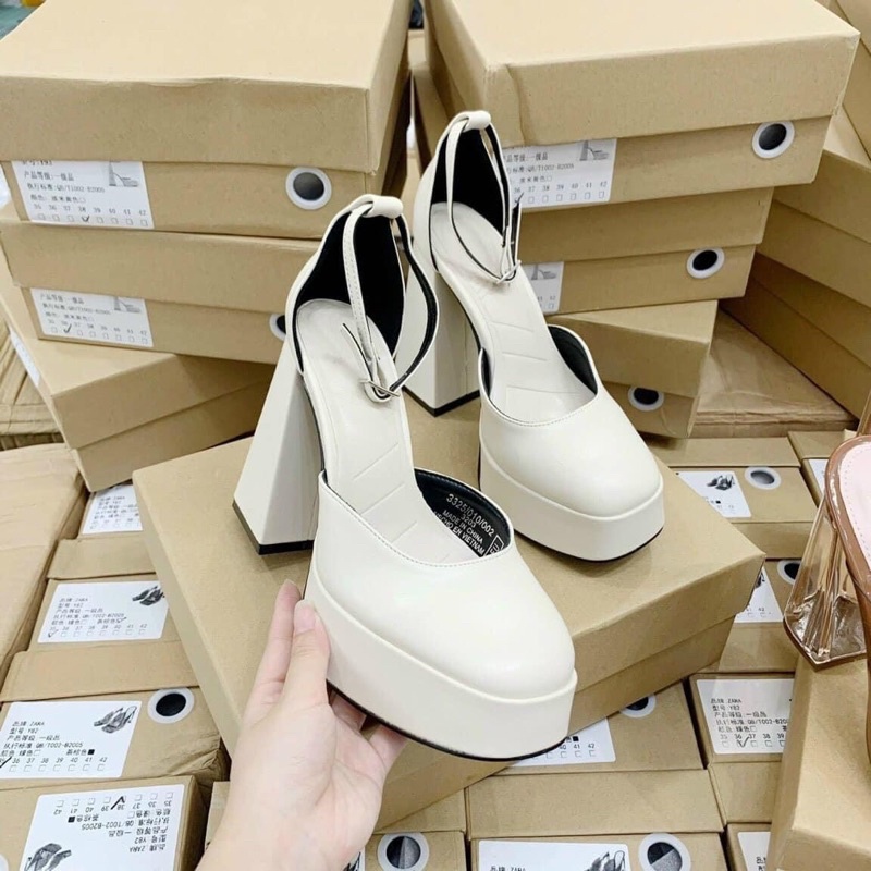 Giày cao gót vuông zaza kem đúp đế 12cm