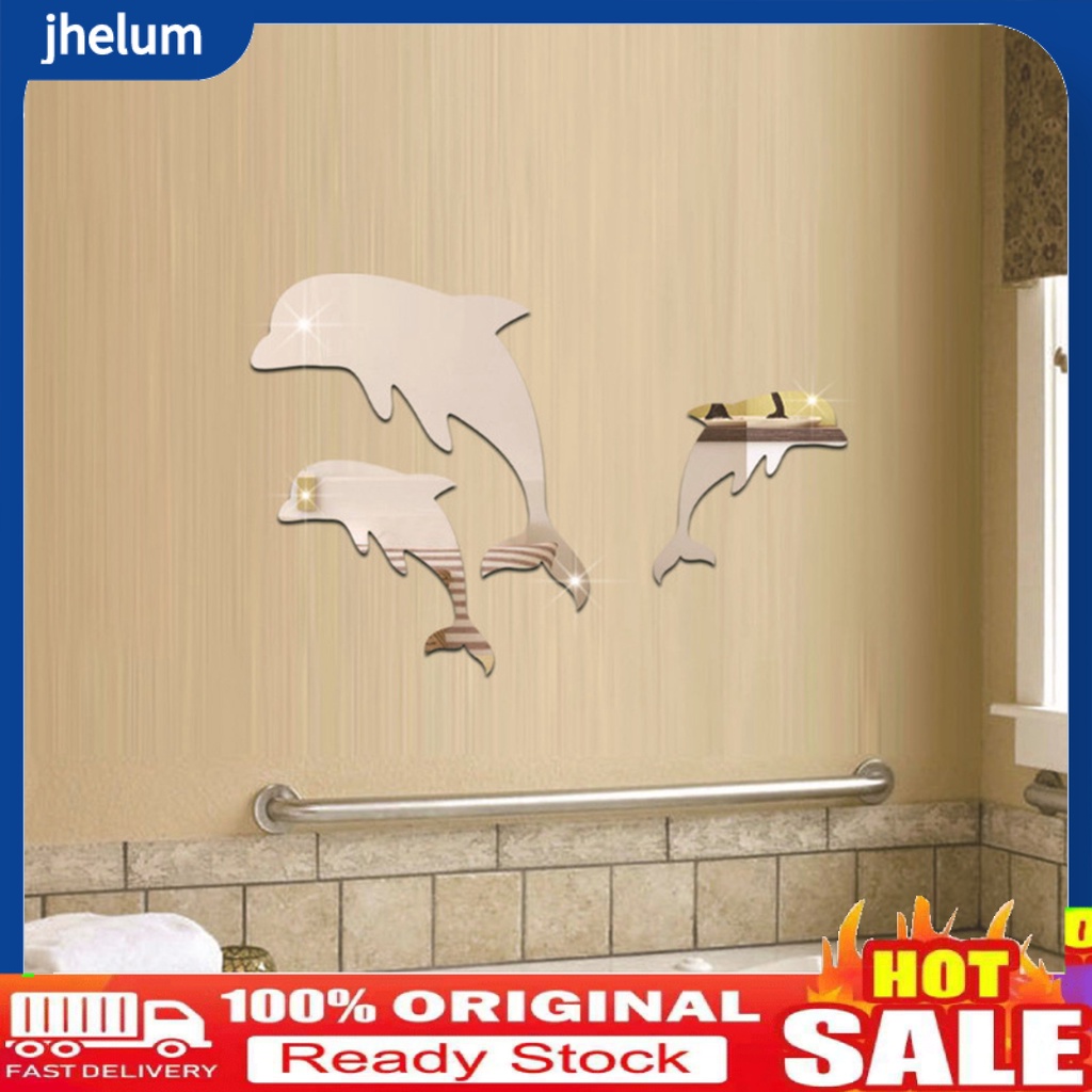 Set 3 Miếng Dán Tường Trang Trí Hình Cá Heo 3D Tráng Gương Đa Năng