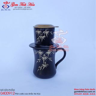 Phin cafe gốm sứ men đen khắc tre lòng gốm
