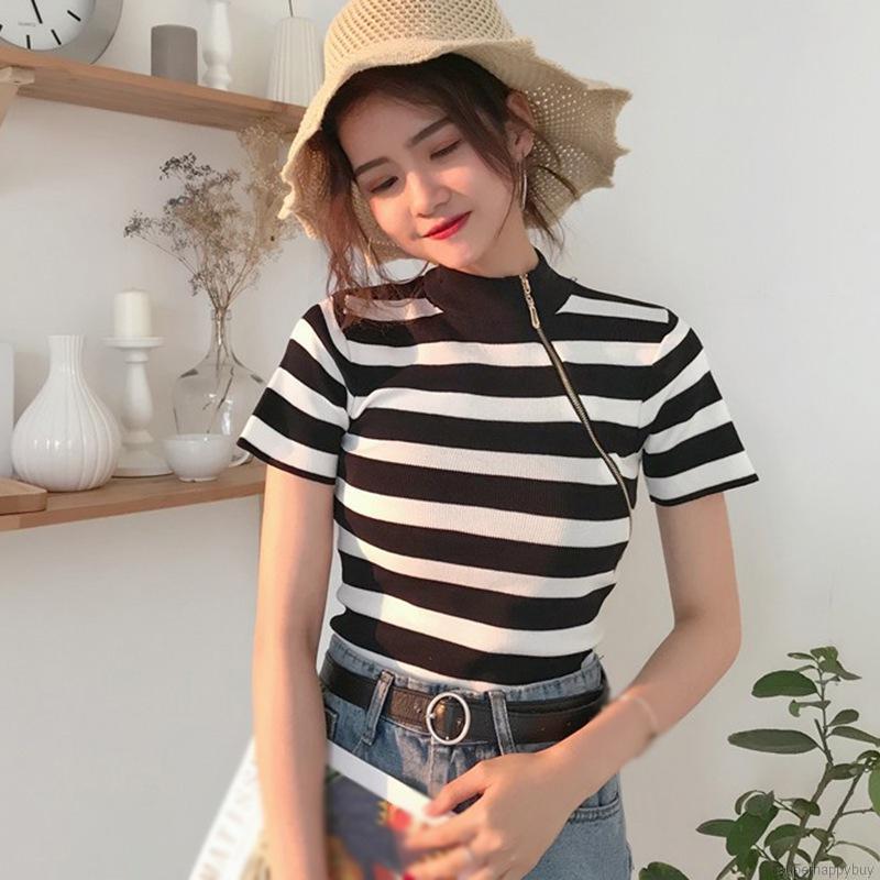 Áo Thun Nữ Tay Ngắn Sọc Ngang Thời Trang