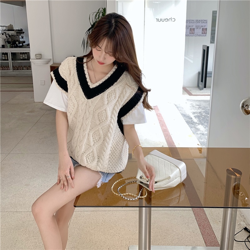 Áo dệt kim sát nách cổ chữ V dáng rộng màu sắc retro thời trang cho nữ | BigBuy360 - bigbuy360.vn