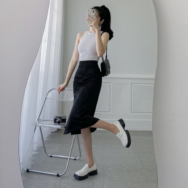 Váy Satin - Chân váy Midi xẻ tà