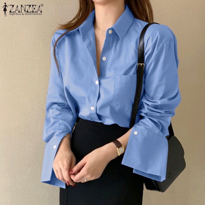 Zanzea Áo Sơ Mi Nữ Dài Tay Cổ Bẻ Thời Trang Đường Phố Hàn Quốc