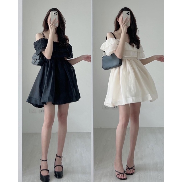 Váy đầm nữ trễ vai voan tơ tay bồng 2 lớp freesize dáng xòe ngắn đen be babydoll ulzzang hàn quốc sexy đi biển