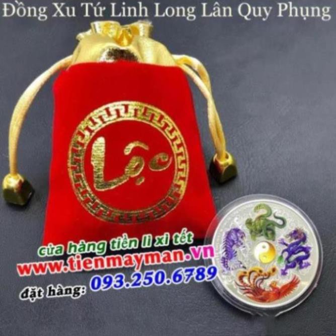 Đồng Xu Tứ Linh ý nghĩa phong thủy - tặng kèm túi gấm rồng phụng